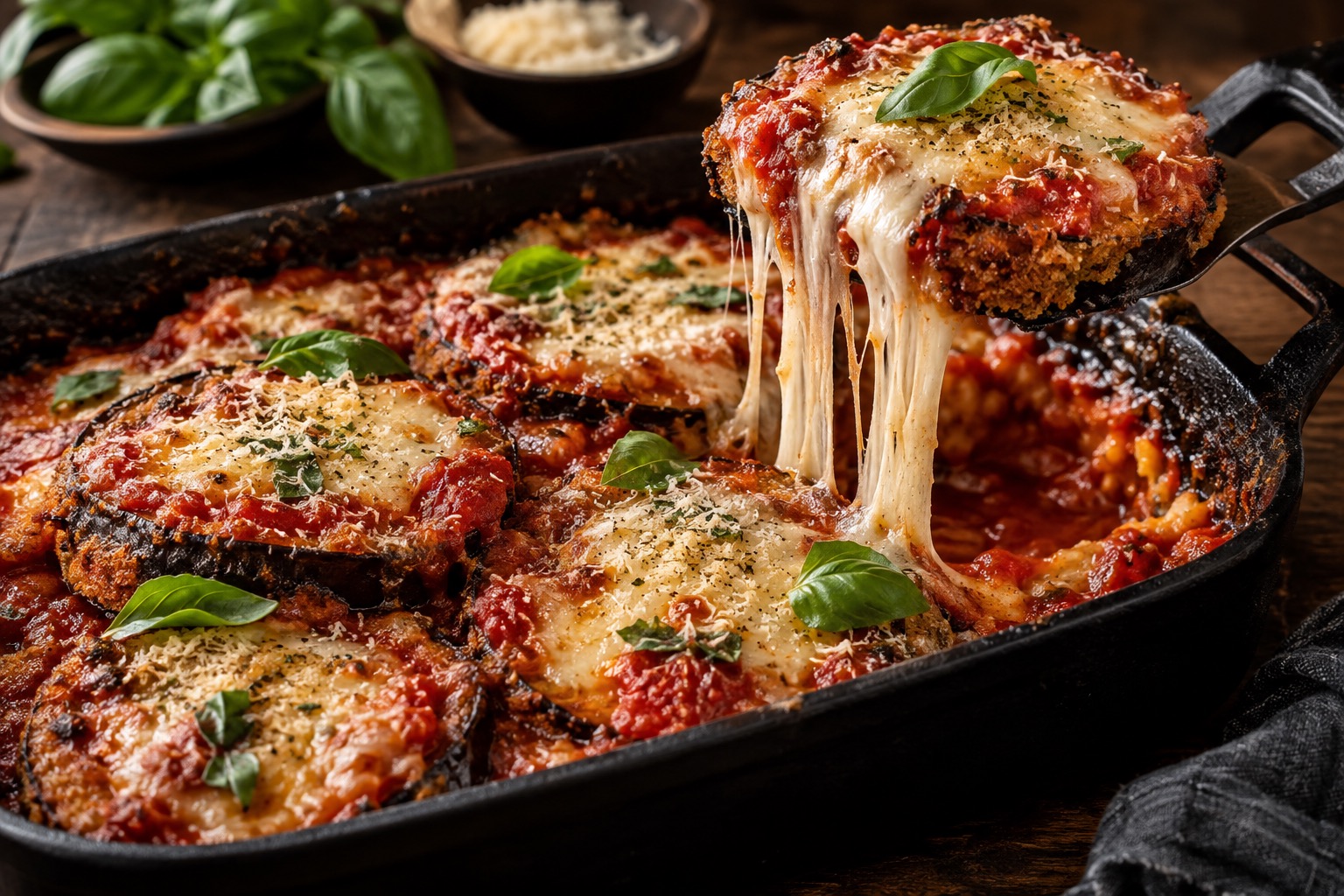 Aubergines parmesan croustillantes gratinées avec sauce tomate et mozzarella