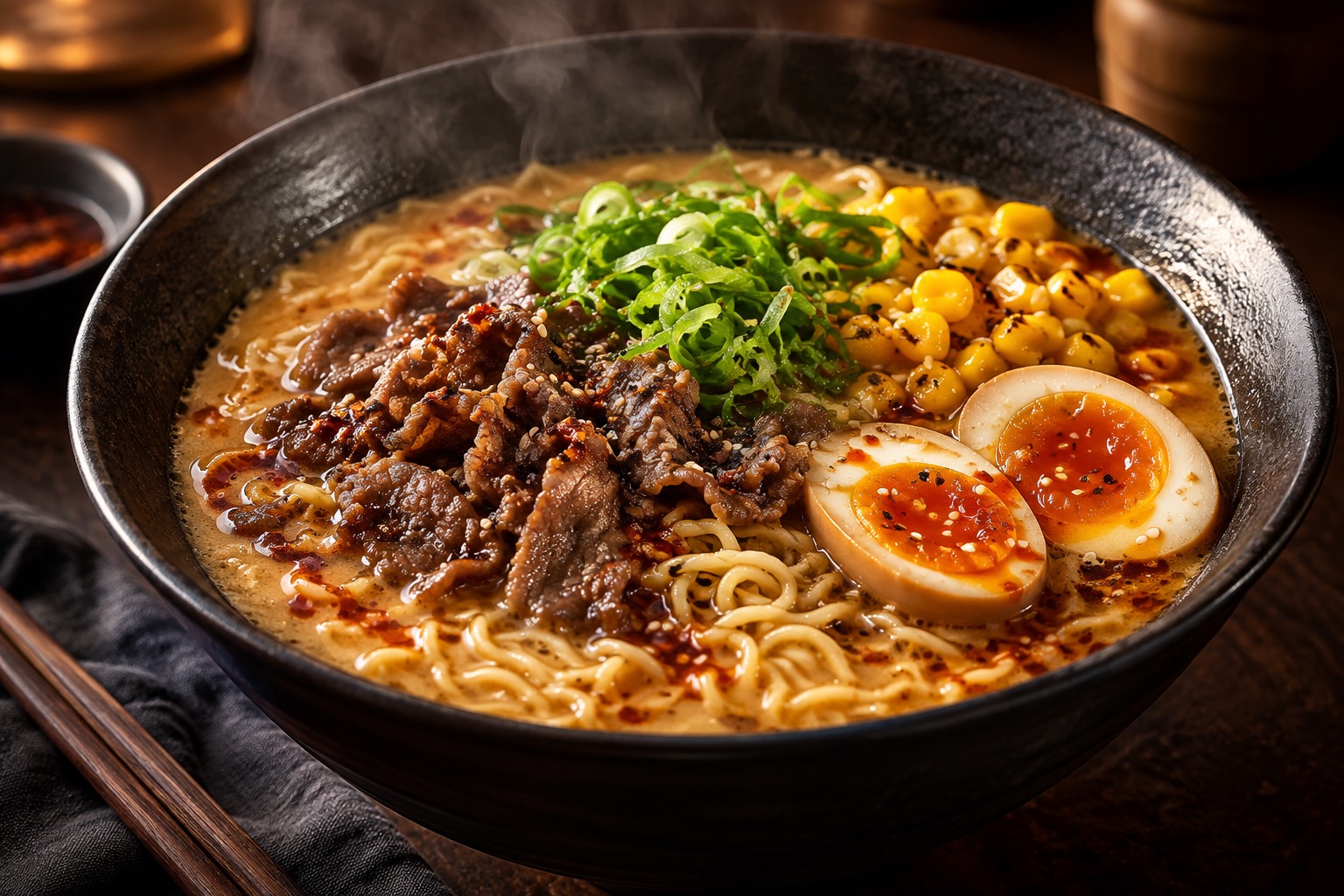 Beef miso ramen crémeux avec bœuf, œufs, maïs, oignons verts et huile pimentée