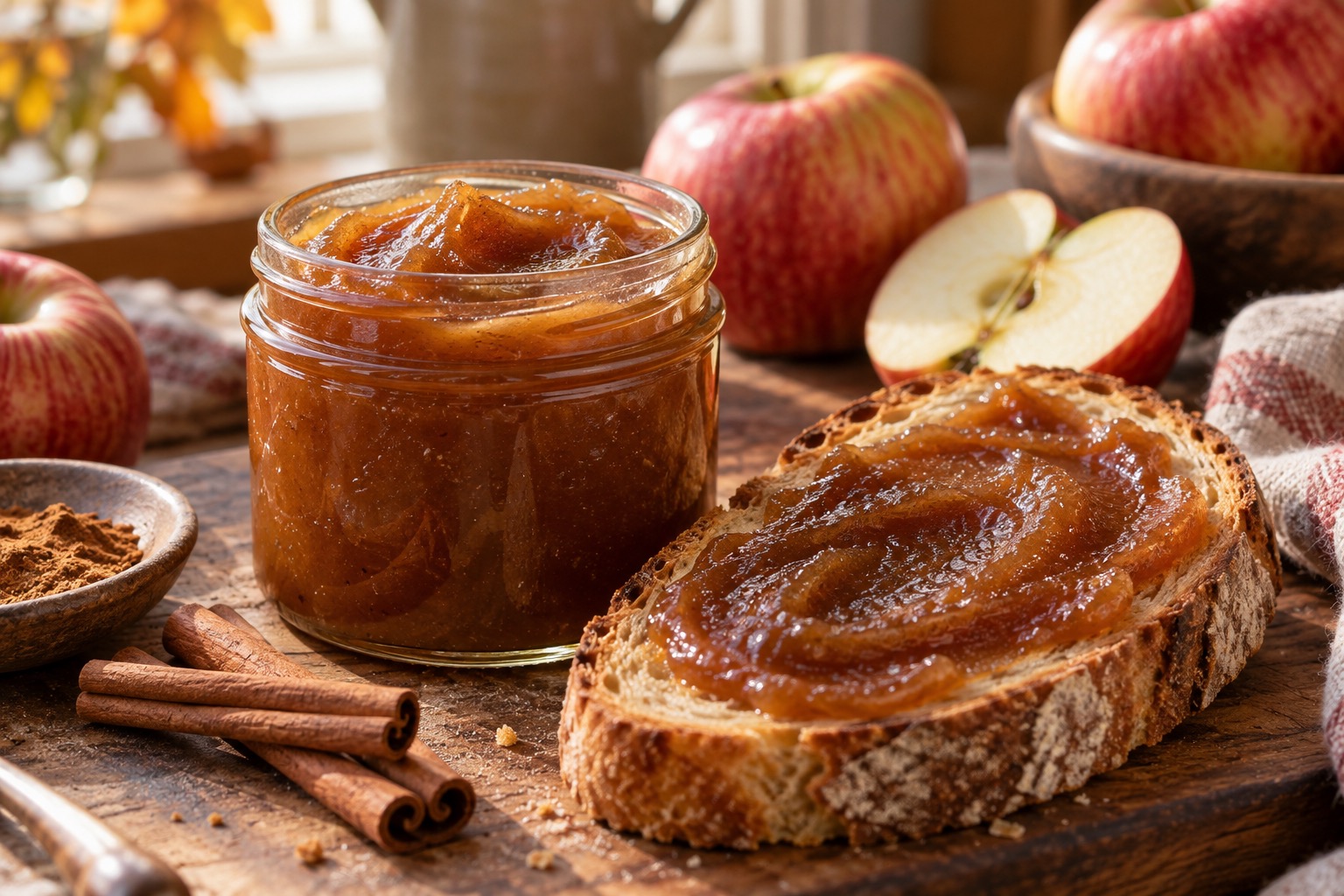 Beurre de pomme maison à la cannelle dans un pot avec une tartine généreusement garnie