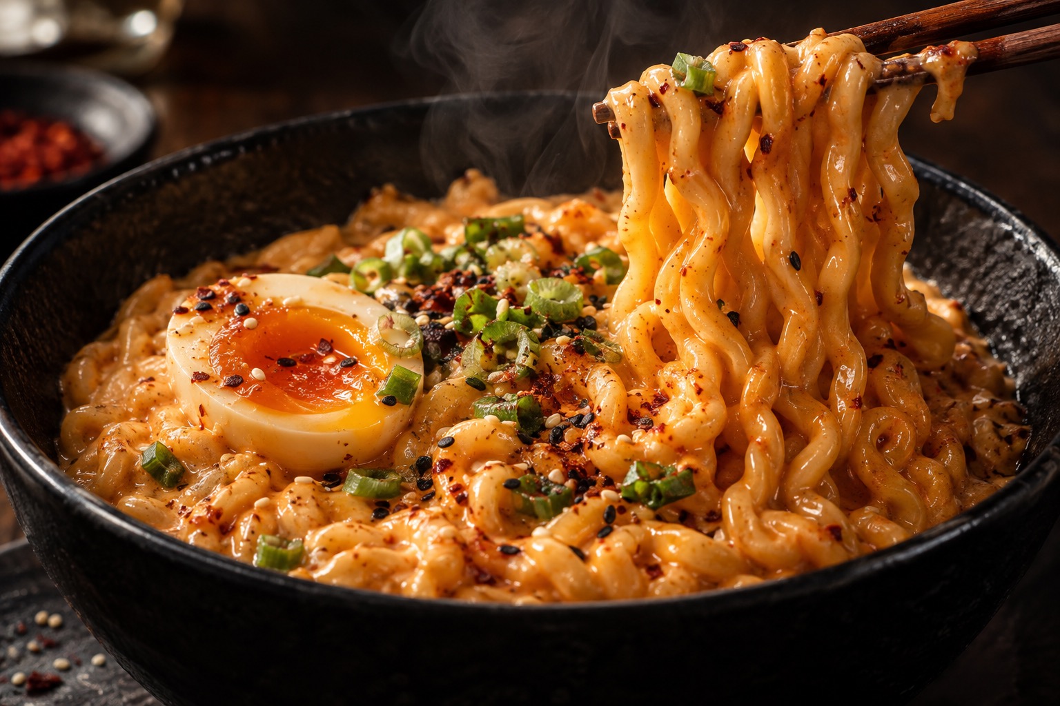 Buldak carbonara crémeux avec nouilles coréennes épicées, parmesan et jaune d’œuf