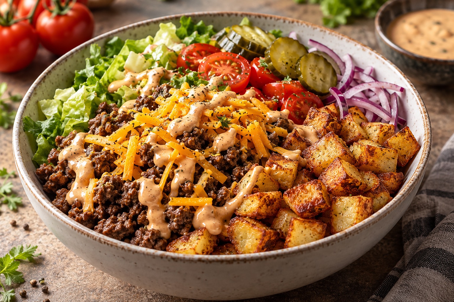 Burger Bowl au bœuf avec pommes de terre croustillantes, cheddar, salade et cornichons