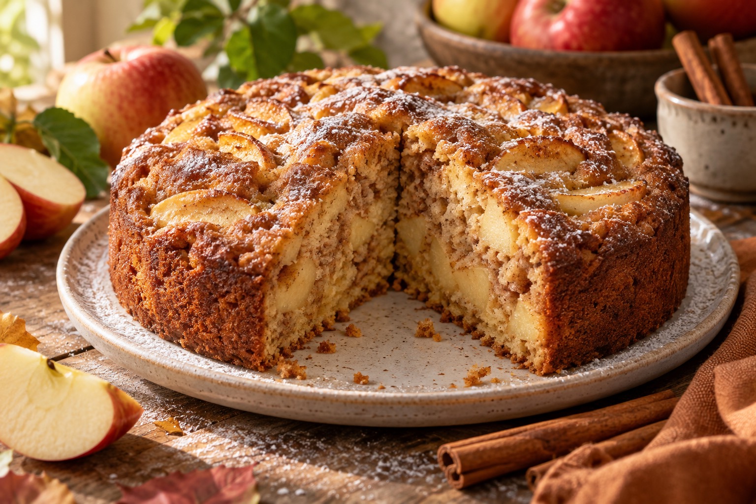 Gâteau moelleux aux pommes et à la cannelle avec une part retirée