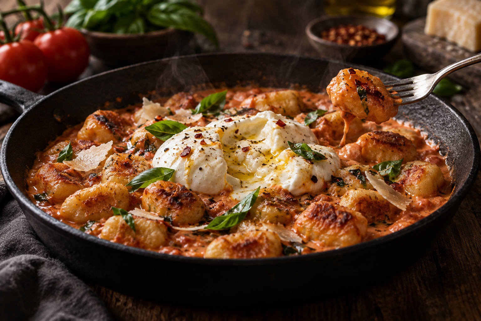 Gnocchis croustillants, sauce rosée et burrata