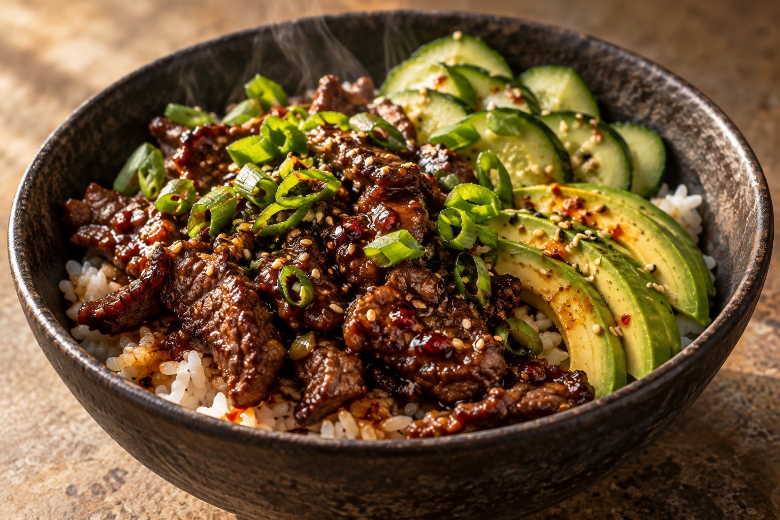 Hot Honey Beef Bowl avec bœuf caramélisé, riz, avocat et sauce au miel épicé