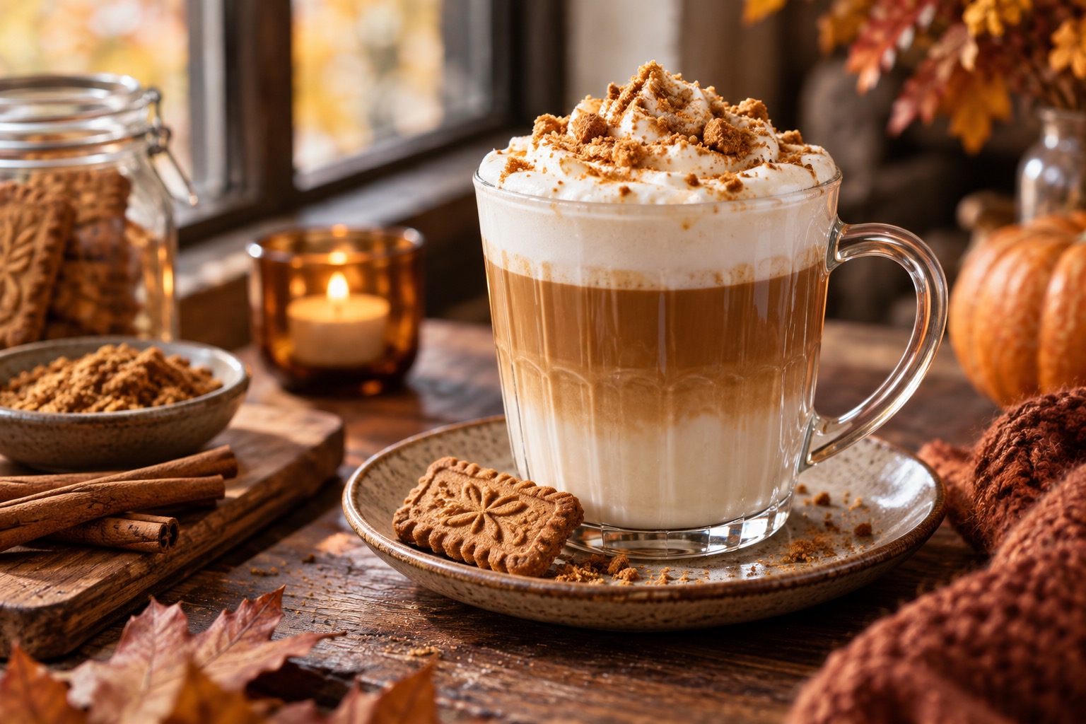 Latte automnal en couches avec crème froide onctueuse et miettes de biscuits spéculoos