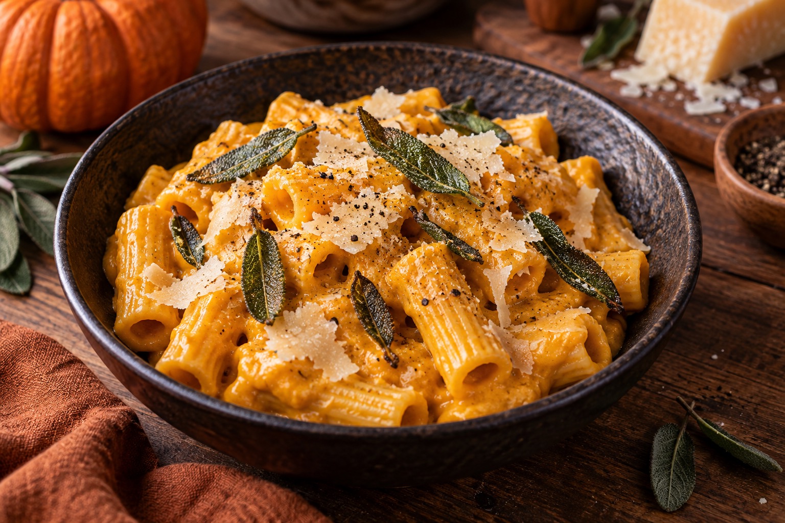 Rigatoni crémeux à la citrouille avec parmesan et feuilles de sauge croustillantes