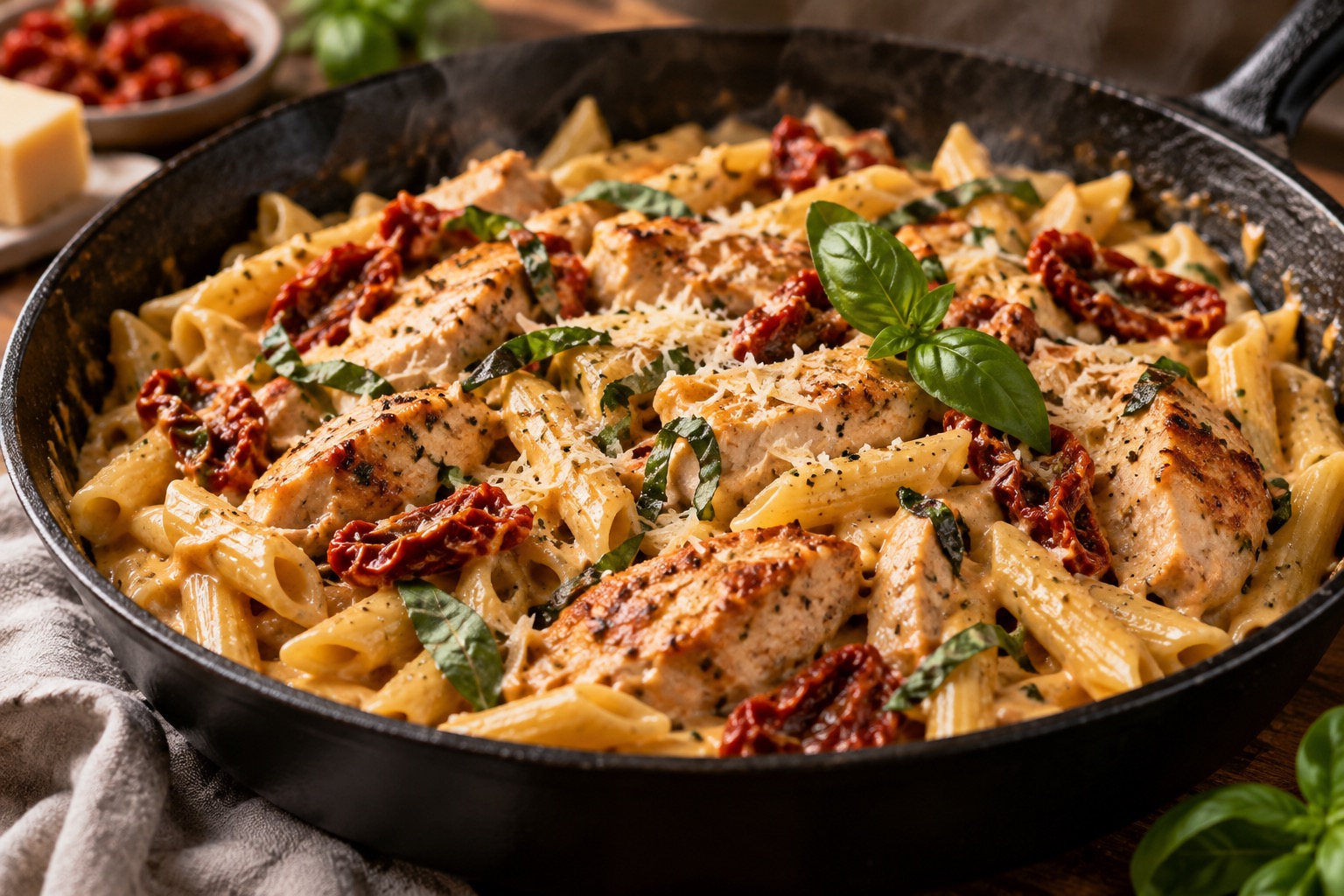 Pâtes crémeuses au poulet, parmesan et tomates séchées dans une poêle