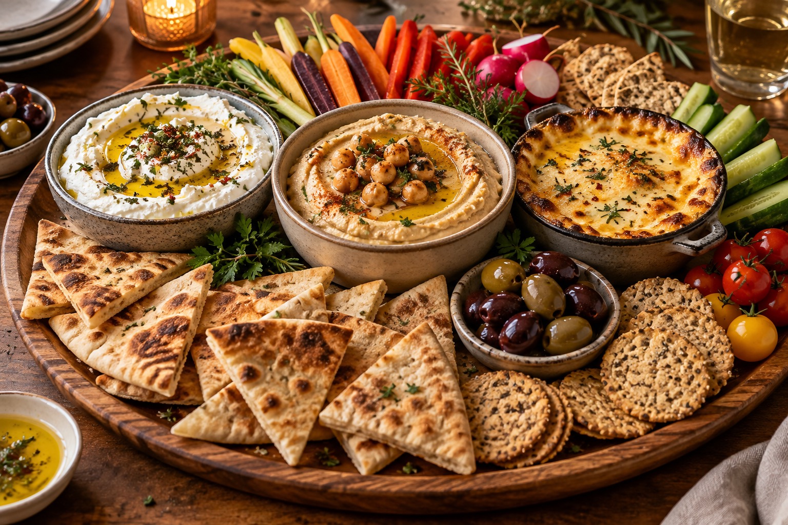 Grand plateau apéro avec houmous, feta fouettée, trempette chaude, crudités, pita et craquelins
