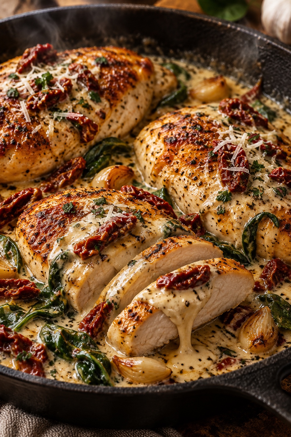 Poulet crémeux à l’ail, au parmesan et aux tomates séchées