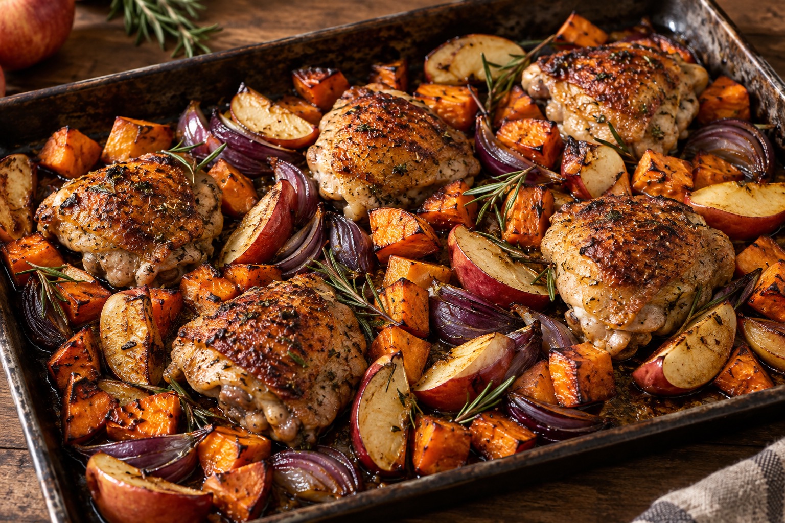 Poulet rôti sur plaque avec pommes, patates douces, oignon rouge et romarin