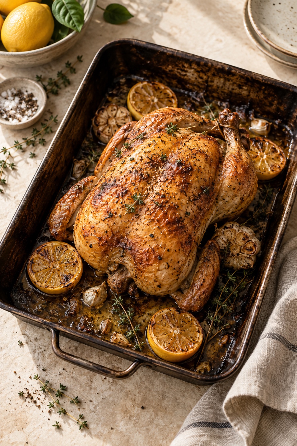 Poulet rôti doré au citron et au thym
