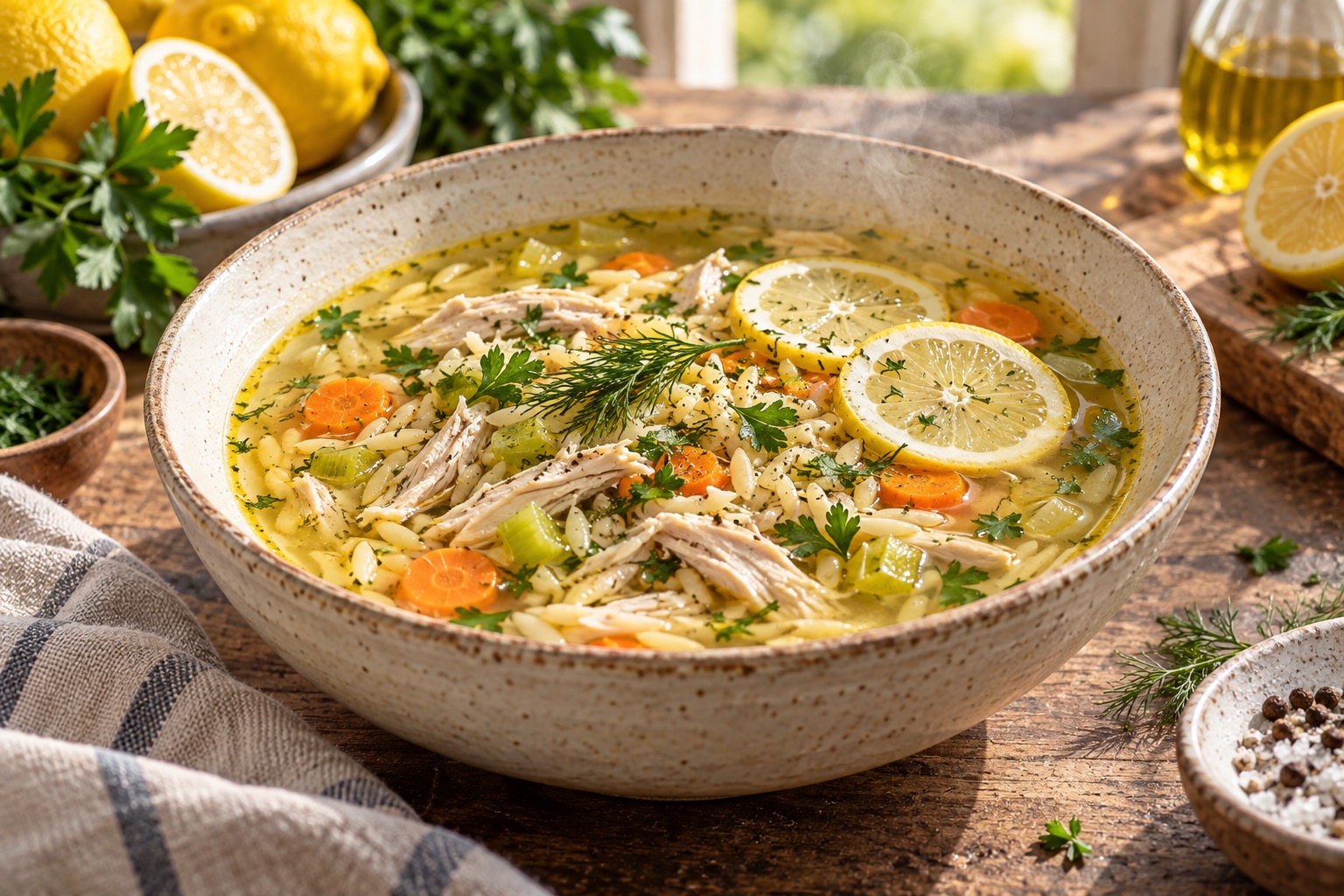 Soupe méditerranéenne dorée avec poulet effiloché, citron, orzo et herbes fraîches